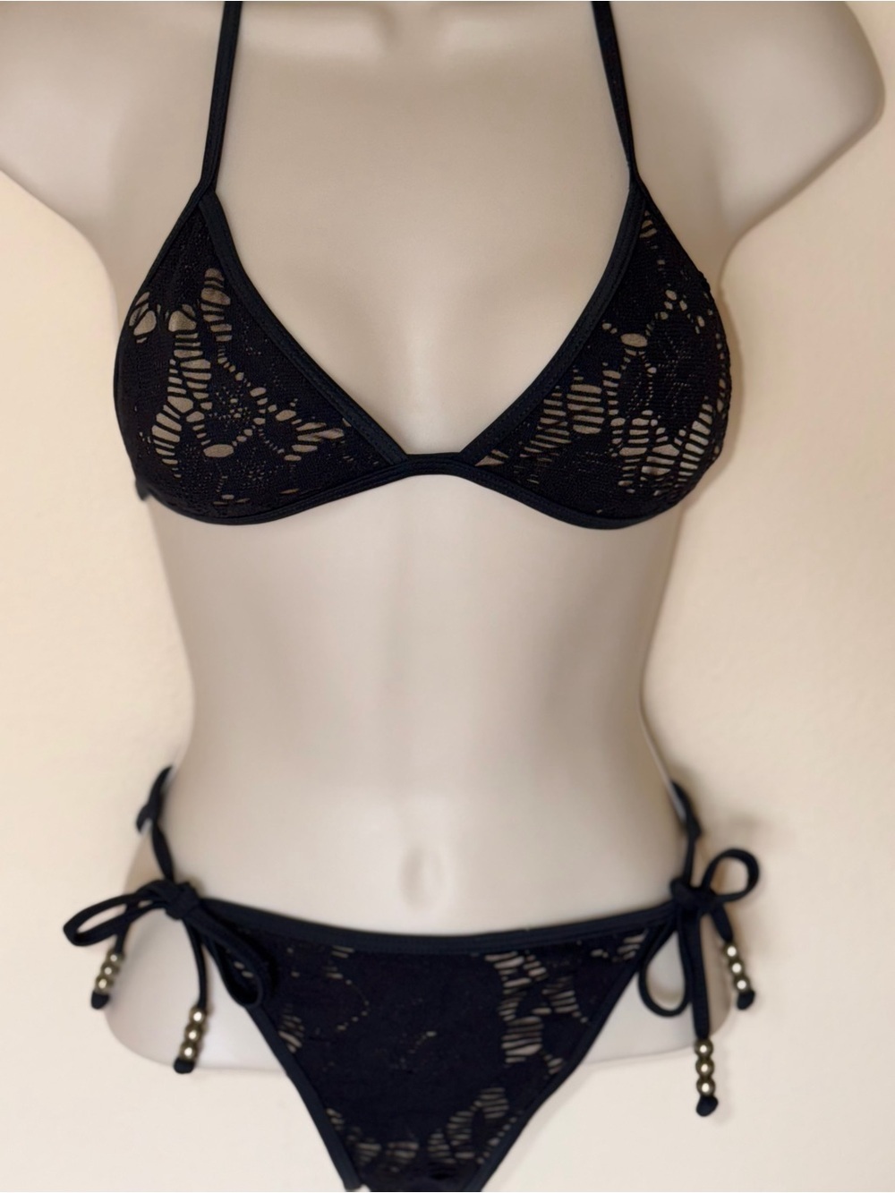 Guess Vintage Black Lace Triangle Bikini Set - XS